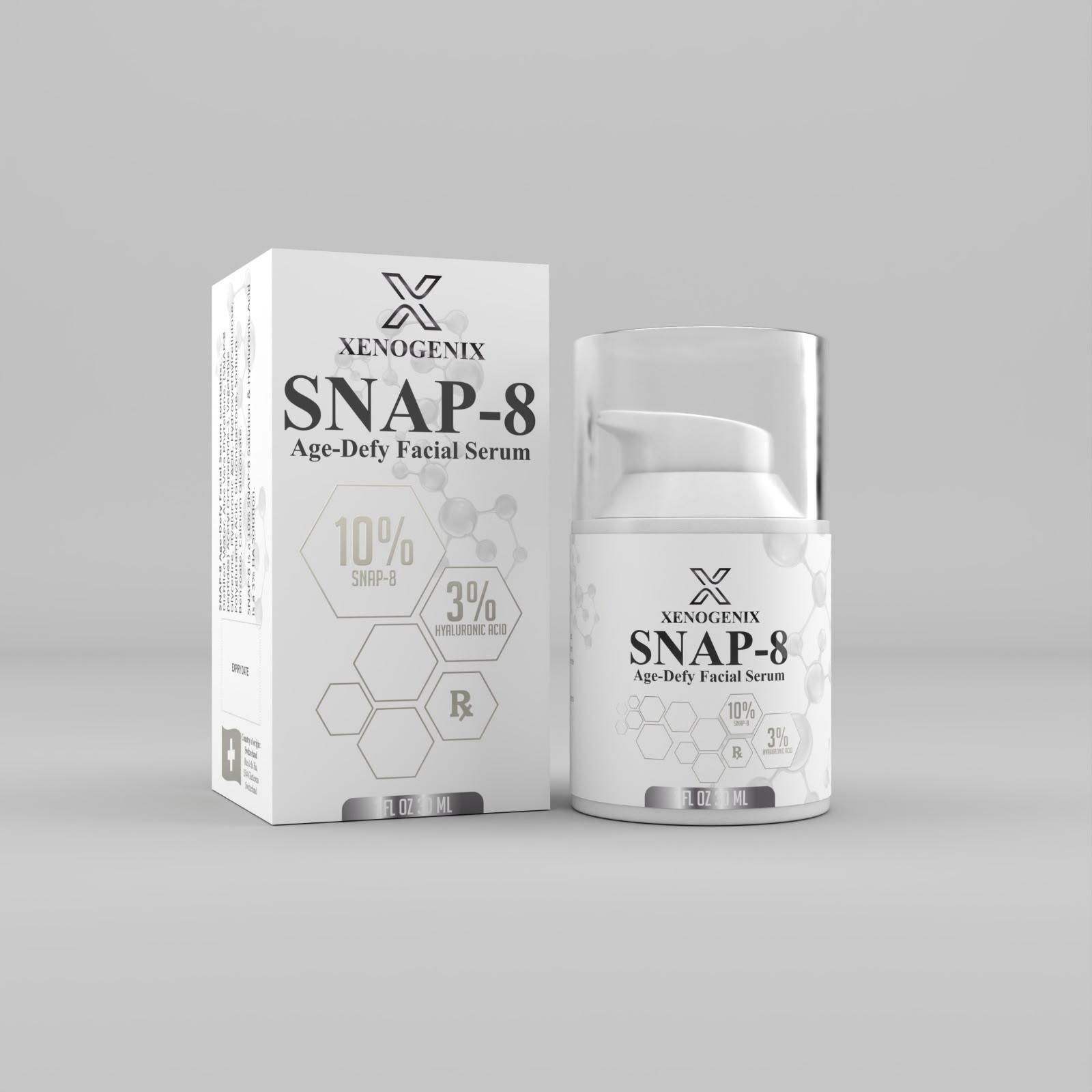 SNAP-8 Age-Defy Facial Serum Skin & Hair — 10% SNAP-8 + 3% hyaluronic acid facial serum.
